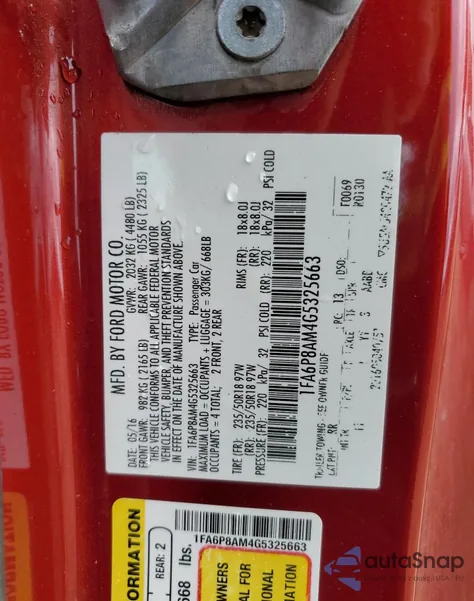 2016 Ford Mustang из США, поврежденный, VIN 1FA6P8AM4G5325663